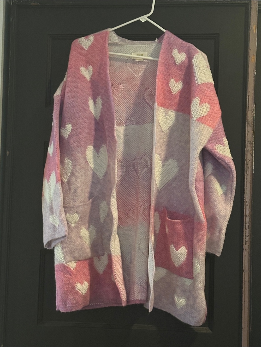 Maeve M/L Women’s Pink & Lavender Heart Open-Front Cardigan Sweater from Anthro